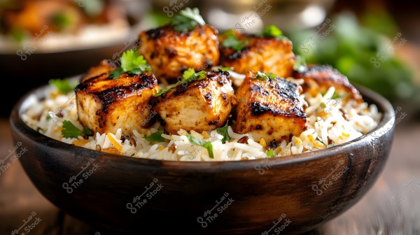 The image shows a wooden bowl filled with basmati rice garnished with cilantro leaves and well-seasoned grilled chicken pieces. The chicken appears crispy with grill marks, adding to the appeal of the dish. The rice is adorned with colorful herbs and some spices.