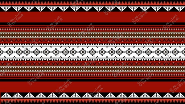 نمط زخرفي تقليدي بألوان الأحمر والأسود والأبيض, مع خطوط أفقية تتضمن أشكال هندسية مثل المثلثات والماس. يعكس التصميم الطراز الثقافي التقليدي لمنطقة نجد في السعودية.