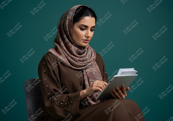 صورة لامرأة ترتدي حجابًا منقوشًا وعباءة بنية داكنة, تجلس وتستخدم جهاز لوحي بينما تحتفظ ببعض الأوراق. الخلفية ملونة بلون أخضر مزرق. تسريحة الشعر تحت الحجاب مرتبة وأنيقة. الملابس والأسلوب قد يشيران إلى منطقة الشرق الأوسط أو السعودية.