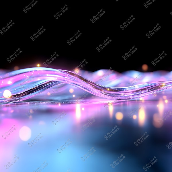 An image depicting intertwining transparent optical waves in vibrant colors of purple and blue, with floating light particles in the background. The design is abstract and modern, set on a glossy surface reflecting the vivid colors.