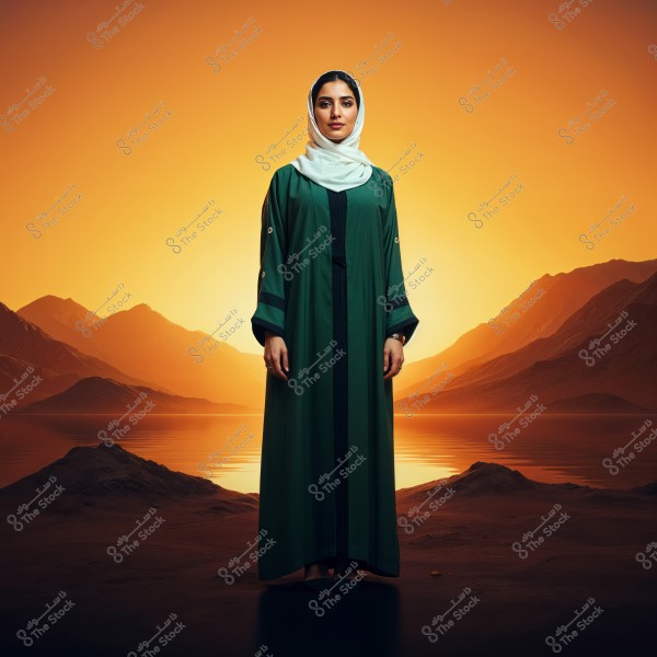 A portrait of a woman wearing a green abaya and a white hijab, standing in front of a breathtaking natural landscape at sunset. The backdrop features silhouetted mountains and a lake reflecting the golden horizon, creating a majestic and serene atmosphere.