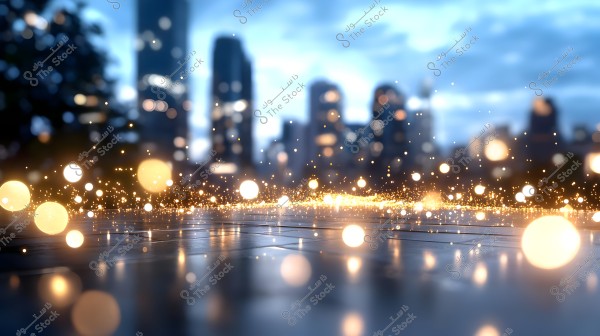 An image of an urban skyline at dusk with sparkling lights resembling golden bubbles scattered in the foreground, spread across a dark surface, against a backdrop of blurred city lights at night.