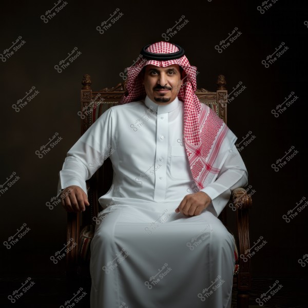 A portrait of a man sitting on an ornate chair. He is wearing traditional Saudi attire, including a white thobe and a red and white checkered headdress (ghutra) with a black agal. The man has a calm and smiling expression in a dimly lit setting.