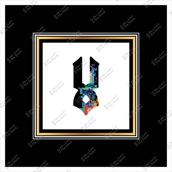 Geometric design with interwoven colors inside an artistic shape on a black background with a decorative frame.