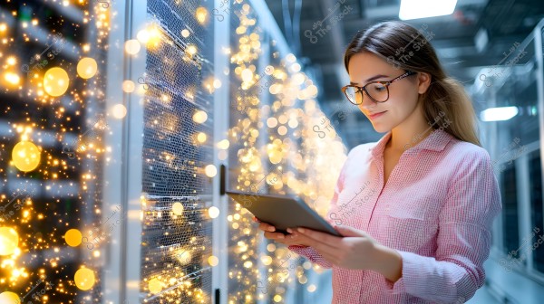 A woman wearing glasses and a pink checkered shirt stands in a data center, holding a tablet. Next to her, servers are illuminated with sparkling golden lights, creating a visually striking effect. The atmosphere in the image is modern and high-tech.