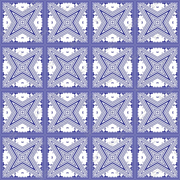 صورة لمجموعة من الأنماط الهندسية تتكون من نجوم خماسية الشكل باللونين الأزرق الداكن والأبيض. تتكرر هذه النجوم في شبكة متناسقة, حيث يتم ترتيب كل نجمة داخل مربع بخطوط دقيقة وزخارف متماثلة.