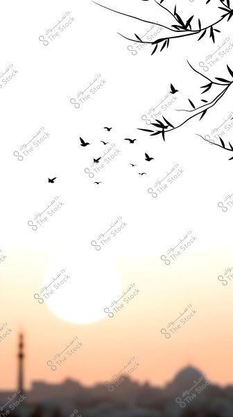 A sunset image showing a large sun on the horizon with color gradients from orange to white. In the foreground, a flock of black birds is flying, and tree branches with delicate leaves are visible on the right. Buildings and landmarks appear in the distant, blurred skyline, including a dome and a minaret.