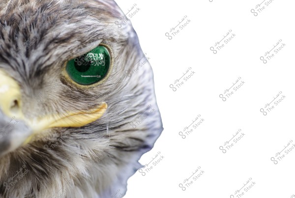 A close-up image of a falcon, displaying its head on the left side of the image with brown-gray feathers. The falcon has a green eye reflecting the Saudi flag with its green color, the Shahada in white, and a white sword.