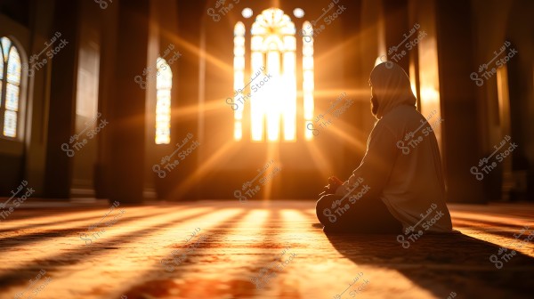 Image of a man sitting in a mosque, with sunlight streaming dramatically through the stained glass windows in the background. Long shadows are cast on the patterned carpet, and the man is wearing a white thobe, reflecting in peaceful contemplation.