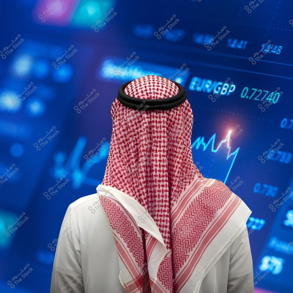 An image of a man in traditional Gulf attire, possibly from Saudi Arabia, shown from behind facing a screen displaying stock market data. The screen shows graphs and numerical trading information. The man is wearing a red and white checkered shemagh with a black agal.