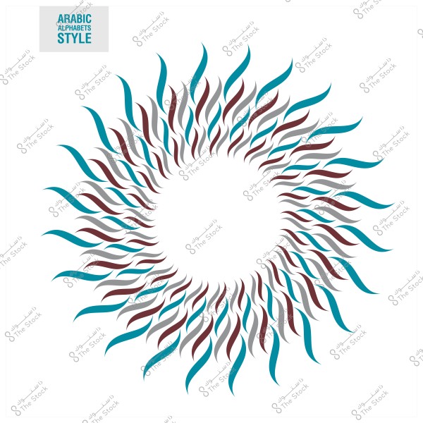 تصميم دائري بزخرفة عربية تتكون من خطوط منحنية باللونين الأزرق والبني.