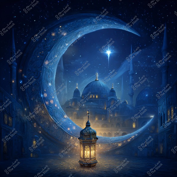 A night scene of a city with Islamic architecture, showcasing a large mosque with domes and minarets illuminated by starlight. In the foreground, there is an ornate crescent and a glowing lantern in traditional Arabic style. The sky is filled with stars, centered by a bright star.