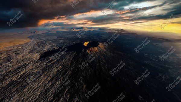 A dramatic aerial view of a volcano with its peak surrounded by dark, charred rocks. The sun rises on the horizon, casting a warm glow on the sky filled with thick clouds in harmonious shades of orange, blue, and gray. The expansive volcanic landscape stretches into the distance, highlighting the contours of the surrounding terrain.