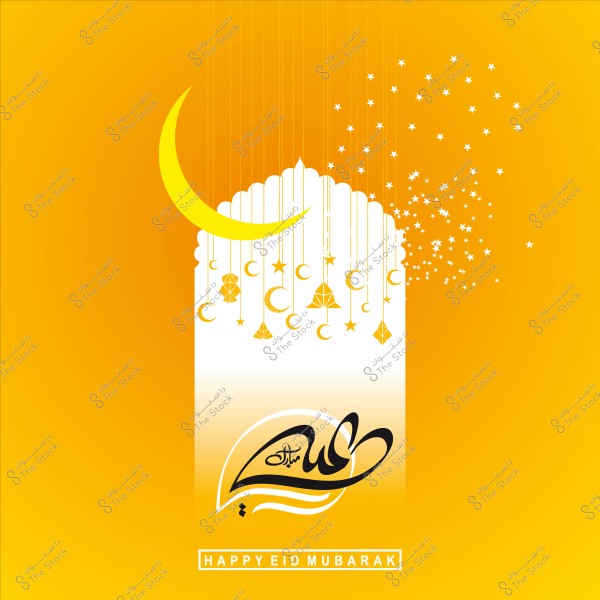 Image featuring an Eid al-Fitr greeting design with a crescent moon, stars, golden ornaments, and the phrase "Eid Mubarak" in Arabic and English.