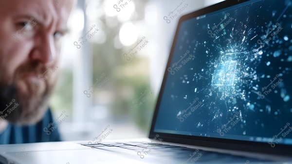 The image shows a partial view of a bearded man\'s face with a serious or angry expression, focusing on a computer screen displaying a digital graphic with bright, sparkling details resembling explosions. The background is blurred, hinting at a sunlit window.