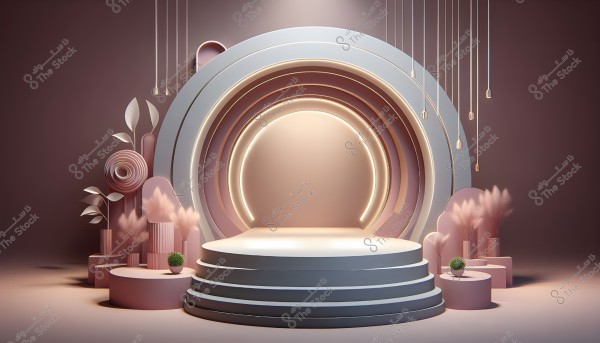 A 3D circular scene featuring a white display platform surrounded by concentric circles in shades of pink and gray. Hanging lights descend from the ceiling above. Beside the platform are decorative arrangements including abstract plant shapes, pink pottery, and accents of leaves and flowers.