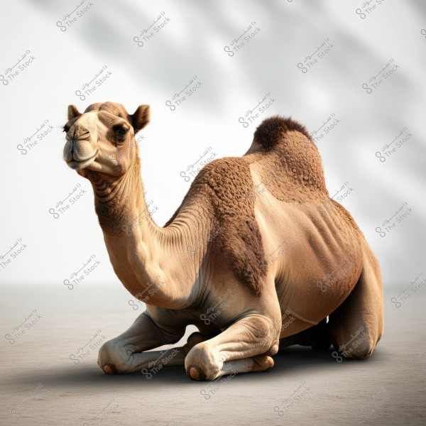 A camel sitting on the ground with its long neck and large brown body. The camel has a soft, textured coat on its back and face, with a simple white background that adds a sense of calm and tranquility to the scene.