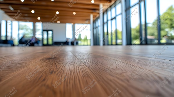 An image of a spacious interior area with a brown wooden floor, showing detailed wood grain in the foreground. The background is out of focus, featuring large glass windows allowing natural light into the space. There are some distant seats and a few indistinct people visible.