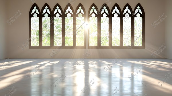The image shows sunlight entering through tall Gothic-style stained glass windows in an open room. The windows have intricate designs and allow soft light to enter the room, casting shadows on the smooth floor.