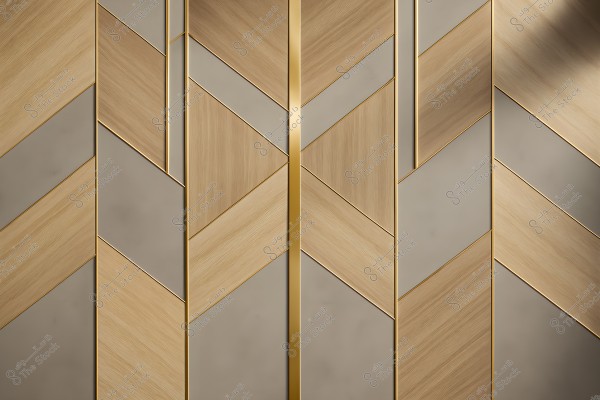 Geometric wall design featuring repeated shapes with interlocking parallel lines. The primary colors used are brown and gold, with the use of wood and beige tones. The design conveys luxury and harmony.