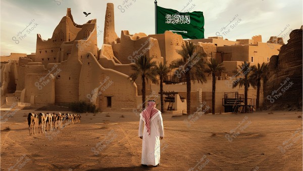 View of an ancient city in Saudi Arabia, showcasing old mud-brick buildings. In the center, a man is standing wearing traditional Saudi attire of a white thobe and red shemagh. In the background, palm trees line the scene with the Saudi Arabian flag flying atop one of the buildings. A herd of camels is walking in a line on the left side of the image.