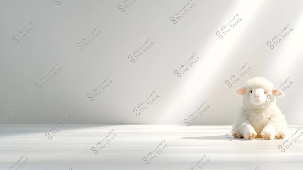 A white woolen toy sheep placed on a wooden surface in a bright and simple environment with natural lighting.