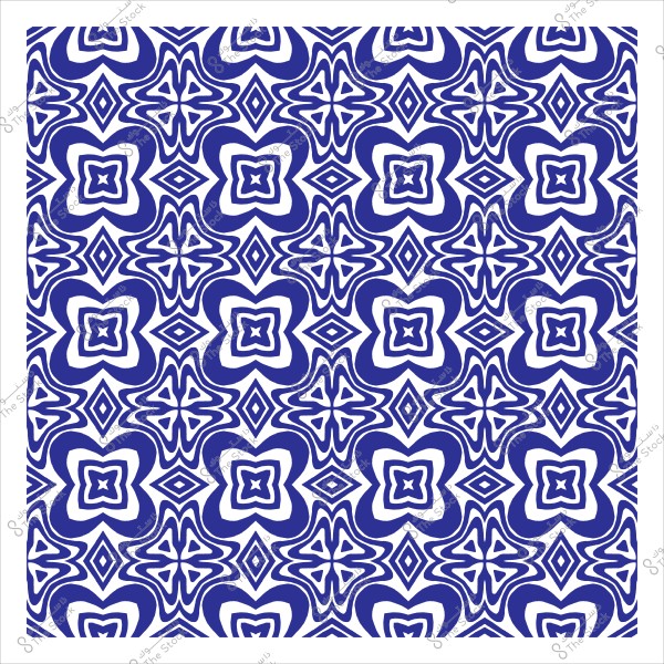 Blue and white decorative pattern with geometric floral and diamond designs.
