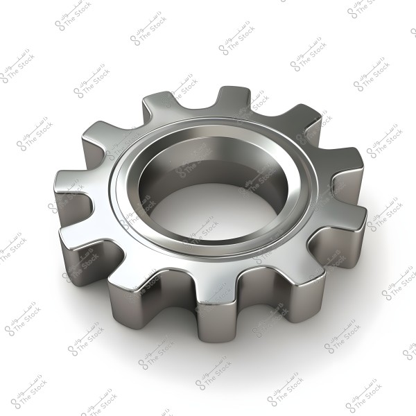 An image of a shiny silver metallic gear wheel with twelve teeth, placed on a white surface. The gear is shown in three dimensions, casting a soft shadow on the surface, highlighting its geometric design.