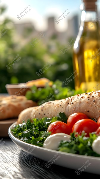 An image of an outdoor dining table featuring a large plate with a salad containing cherry tomatoes, leafy greens, and cheese. A long loaf of bread topped with sesame seeds is prominent in the background, along with a bottle of olive oil. A green garden and sunlight can be seen in the backdrop, adding an elegant and natural atmosphere.