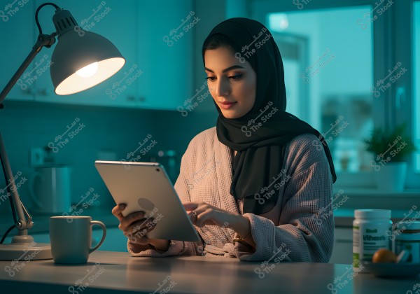 A woman wearing a hijab and abaya sits in a kitchen illuminated with a blue tint. She holds a tablet in one hand and there\'s a mug on the table beside her. In the background, a lit table lamp, supplement containers, and small plants are visible. The atmosphere suggests calmness and focus during the evening.