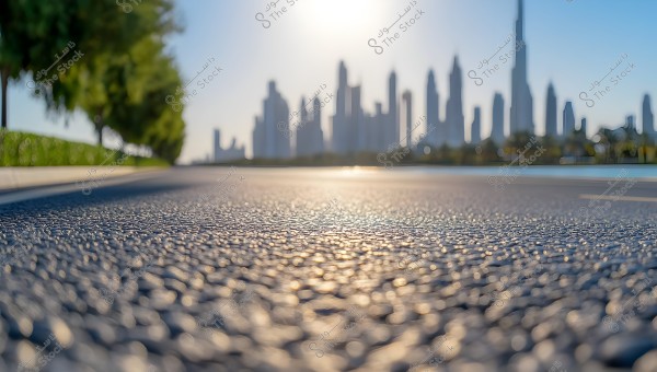 View of a city with tall skyscrapers blurred in the background, seen from a low-angle perspective of an asphalt road. Green trees are on the left side. The sky appears blue with a bright sun overhead, adding a warm touch to the image.