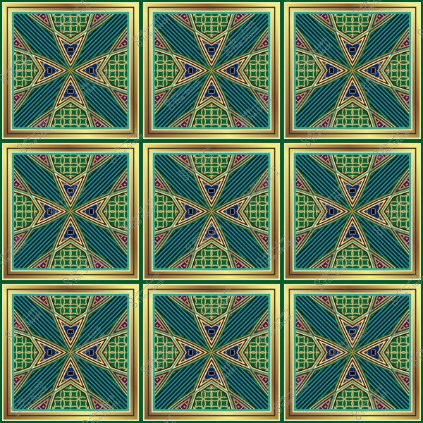تصميم هندسي ملون يتضمن تسعة مربعات متماثلة بتصميم نجمة وألوان خضراء وزرقاء وذهبية.