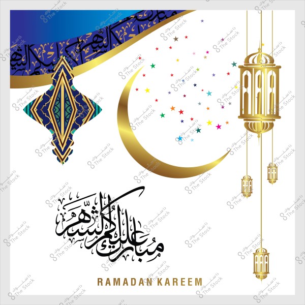 Ramadan design with a golden crescent, ornate lanterns, and the phrase "Mubarak Alaykum Al-Shahr" in Arabic calligraphy.