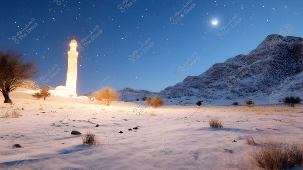 A nighttime desert scene featuring an illuminated minaret under a starry sky. Snow covers the ground, with scattered trees and shrubs visible. Mountains form a backdrop to the scene, and a crescent moon lights up the sky.