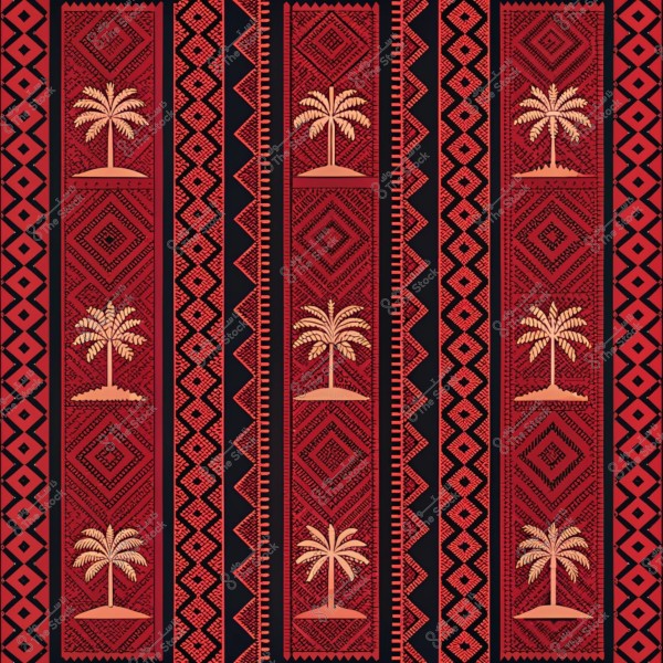 A contemporary traditional pattern in red and black colors, featuring repeated geometric designs and small golden palm trees. The pattern showcases distinctive cultural details reflecting traditional heritage.