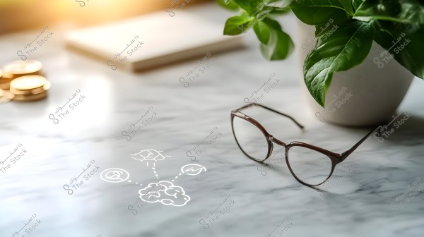 A pair of brown-framed glasses resting on a white marble surface with light reflections. In the background, there is a stack of coins and a partially visible closed notebook. To the right side, a potted indoor plant is present, and sketch-like diagrams appear on the surface.