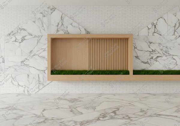 An image of an interior wall decorated with white marble tiles featuring gray veins, arranged in a triangular pattern. A wooden frame with natural lighting contains green grass in the center of the image, adding a natural touch to the modern interior design.