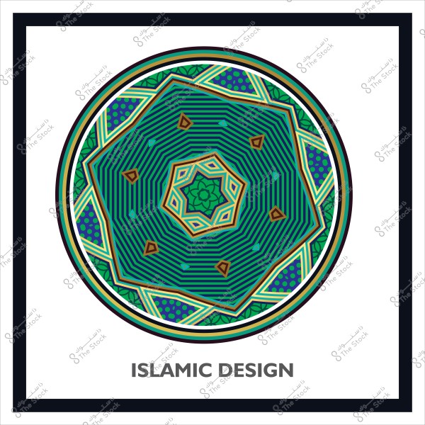 تصميم إسلامي دائري بألوان خضراء وزرقاء وزخارف هندسية.