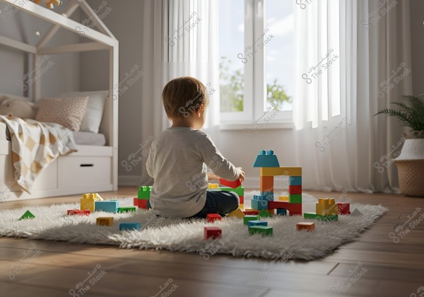 A small child sits on a white rug in a naturally lit playroom next to a large window. The child is wearing a grey shirt and dark pants, playing with colorful building blocks. In the background is a bed with patterned blankets and pillows, and a plant is visible in the corner of the room.