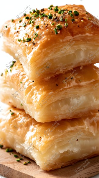 The image shows three stacked pieces of flaky pastries, characterized by their golden, crispy texture topped with chopped parsley. The pastries are placed on a wooden board.
