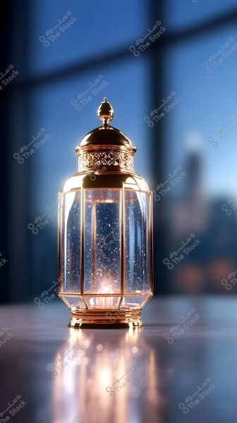A golden lantern on a glass table, reflecting light from inside. In the background, a large window with blue daylight is visible.