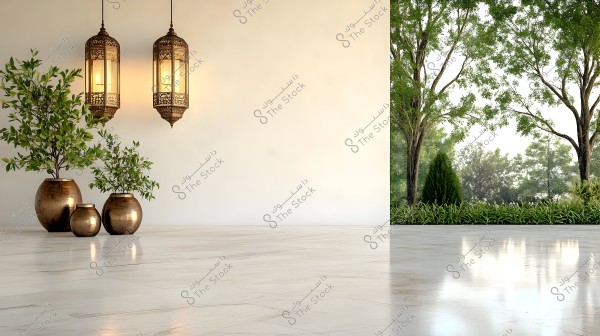 Image depicting a section of a room with smooth wooden flooring and several carefully arranged golden vases containing green plants. On the wall, ornate brass lanterns are suspended, emitting a warm glow. On the right side of the image, an outdoor view features lush green trees and a garden.
