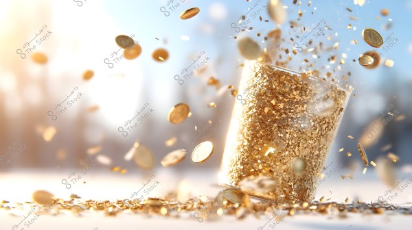 A tilted glass cup filled with shiny golden particles, with gold coin-like pieces scattering through the air. The blurred background suggests a bright and illuminated environment, with sunlight enhancing the sparkle.
