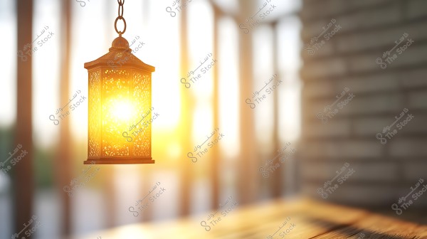 A traditional hanging lantern made of metal emits a warm, radiant light. The intricate patterns of the lantern are highlighted against the bright light. The background is blurred, featuring brick walls with soft daylight filling the space.