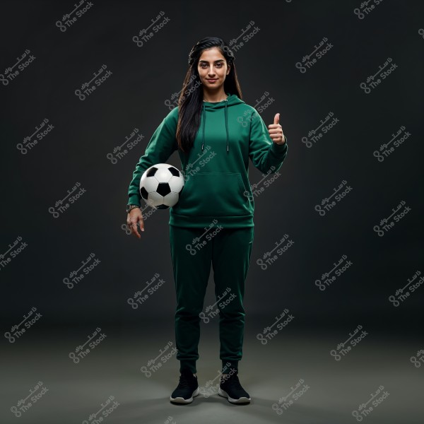 A portrait of a woman dressed in a green tracksuit standing in a dark environment. She is holding a soccer ball in one hand and giving a thumbs-up with the other. The attire suggests she could be from an Arab region, such as Saudi Arabia.