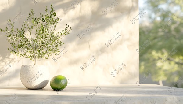 The image depicts a serene scene on a table featuring a small white stone pot with a plant having green leaves. Next to the pot on the table is a green lime. The background is blurred, showing shadows of other plants under sunlight.