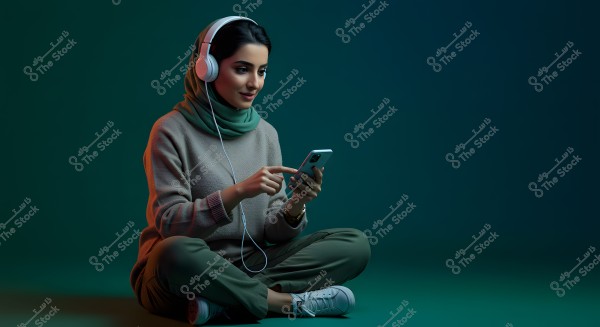 Image of a woman sitting on the floor, listening to music through white headphones connected to a smartphone. She is wearing a light green hijab, a gray sweater, and green pants. The scene is brightly lit with a green background.