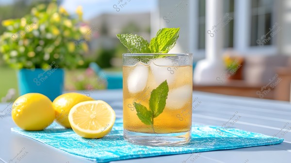 The image shows a glass cup containing a golden-colored iced beverage garnished with fresh mint leaves. The cup is placed on a decorated blue napkin on an outdoor table. Next to the cup, there is a sliced half of a lemon and two whole lemons in vibrant yellow. In the background, there are plants and flowers in a garden with a blue flower pot.