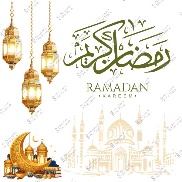 The image features three hanging golden lanterns with intricate Islamic designs, emitting a warm glow. At the top, the phrase "رمضان كريم" is written in Arabic calligraphy, with the English translation "Ramadan Kareem" below. The image also includes a design of a mosque with golden embellishments, minarets, and a dome, as well as a crescent moon and books beside it.