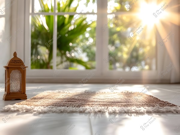 A scene depicting a traditional lantern made of wood and metal, placed on the floor next to a brown prayer rug. Natural light streams through a large window in the background, with palm trees and bright sunlight visible.